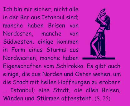 Ich bin mir sicher, nicht alle in der Bar aus Istanbul sind; manche haben Brisen von Nordosten, manche von Sdwesten, einige kommen in Form eines Sturms aus Nordwesten, manche haben Eigenschaften vom Schirokko. Es gibt auch einige, die aus Norden und Osten wehen, um die Stadt mit hellen Hoffnungen zu erobern  Istanbul; eine Stadt, die allen Brisen, Winden und Strmen offensteht. 