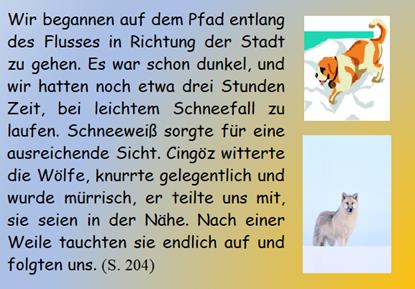 Wir begannen auf dem Pfad entlang des Flusses in Richtung der Stadt zu gehen. Es war schon dunkel, und wir hatten noch etwa drei Stunden Zeit, bei leichtem Schneefall zu laufen. Schneewei sorgte fr eine ausreichende Sicht. Cingz witterte die Wlfe, knurrte gelegentlich und wurde mrrisch, er teilte uns mit, sie seien in der Nhe. Nach einer Weile tauchten sie endlich auf und folgten uns. 