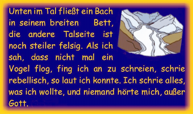 Unten im Tal flie�t ein Bach in seinem breiten    Bett, die andere Talseite ist noch steiler felsig. Als ich sah, dass nicht mal ein Vogel flog, fing ich an zu schreien, schrie rebellisch, so laut ich konnte. Ich schrie alles, was ich wollte, und niemand h�rte mich, au�er Gott. 