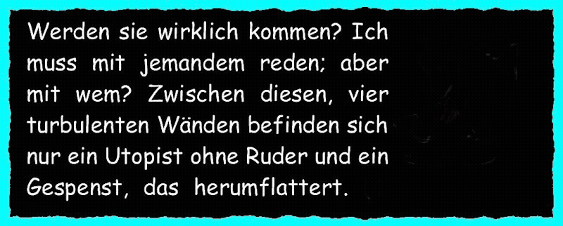 Werden sie wirklich kommen? Ich muss mit jemandem reden; aber mit wem? Zwischen diesen, vier turbulenten W�nden befinden sich nur ein Utopist ohne Ruder und ein Gespenst, das herumflattert. 