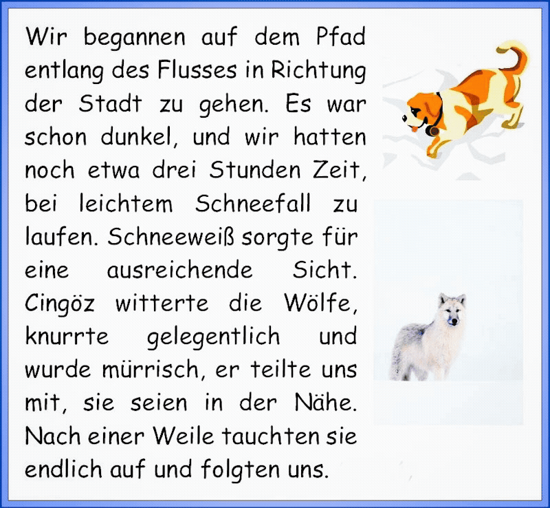 Wir begannen auf dem Pfad entlang des Flusses in Richtung der Stadt zu gehen. Es war schon dunkel, und wir hatten noch etwa drei Stunden Zeit, bei leichtem Schneefall zu laufen. Schneewei� sorgte f�r eine ausreichende Sicht. Cing�z witterte die W�lfe, knurrte gelegentlich und wurde m�rrisch, er teilte uns mit, sie seien in der N�he. Nach einer Weile tauchten sie endlich auf und folgten uns. 